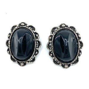 Vintage Large Black and Silver Tone Clip On Earrings • Estate Jewelry
